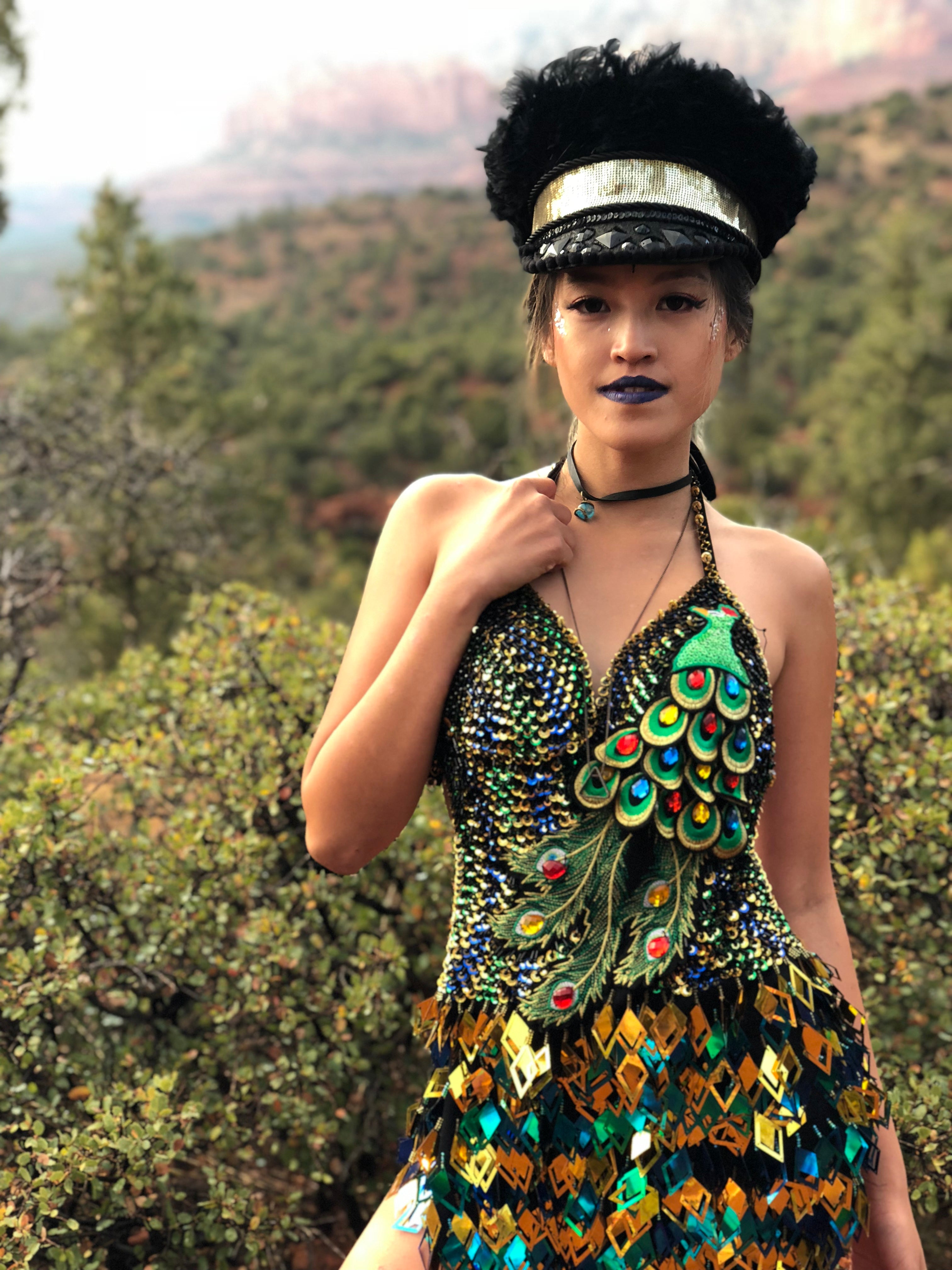 sequin dress peacocks Green And Blue Sequined Corset Illusion Dress With Peacock Feathers