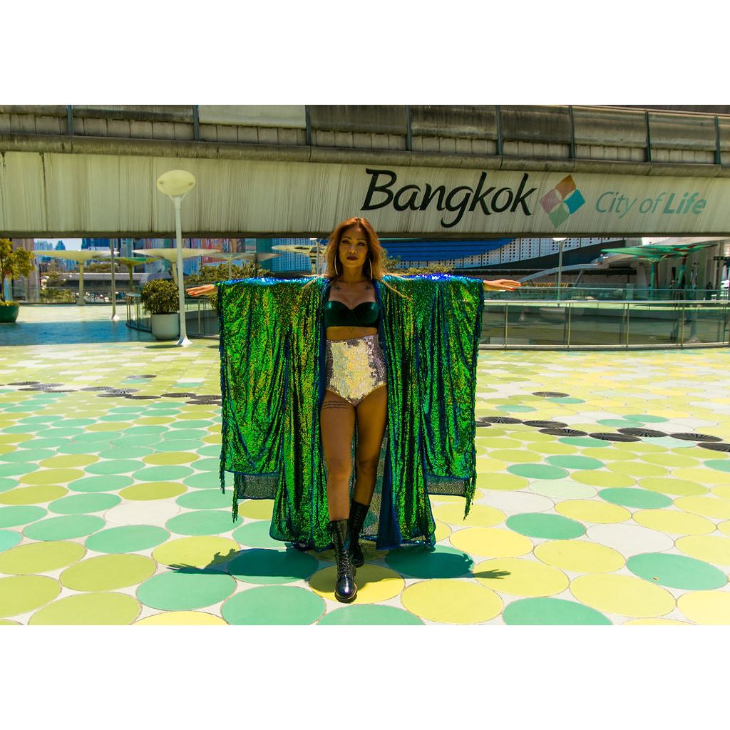 Long Sequin Kimono in Emerald Green
