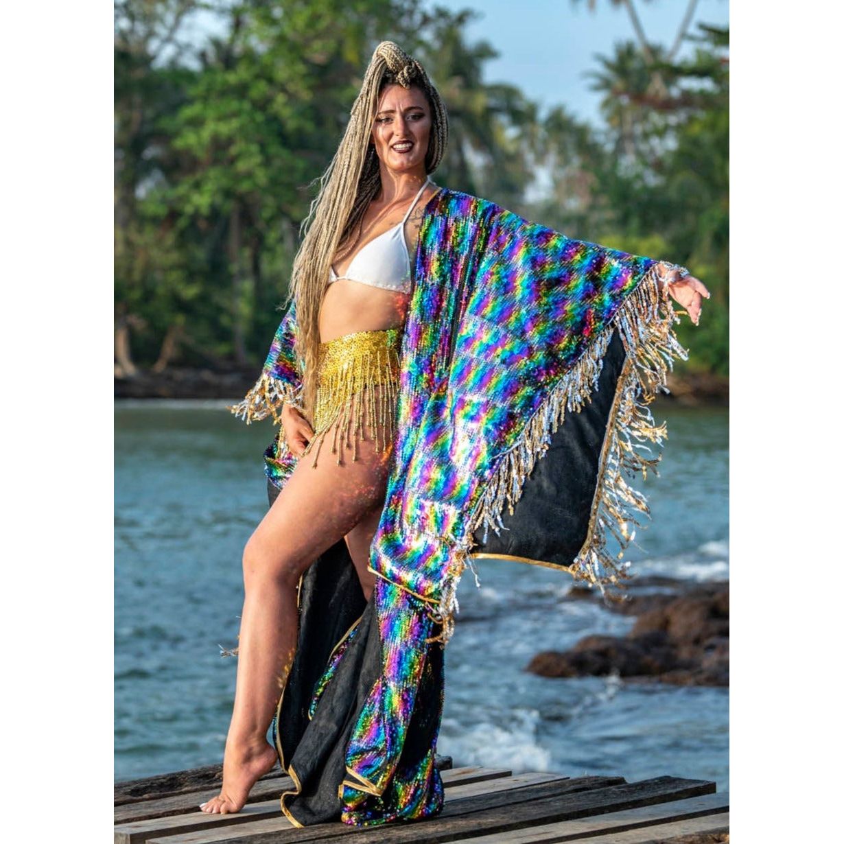 Long Sequin Kimono in Rainbow Shimmer