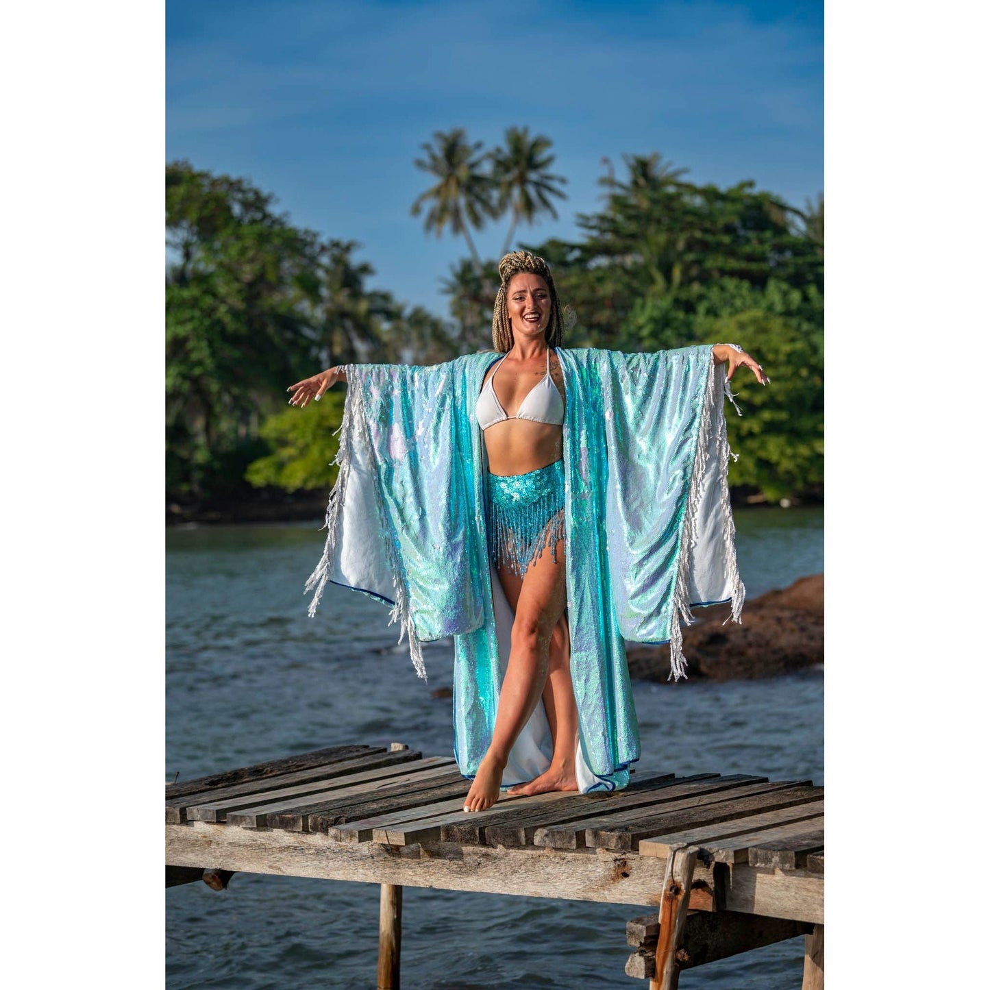 Long Sequin Kimono in Sea Breezy Blue