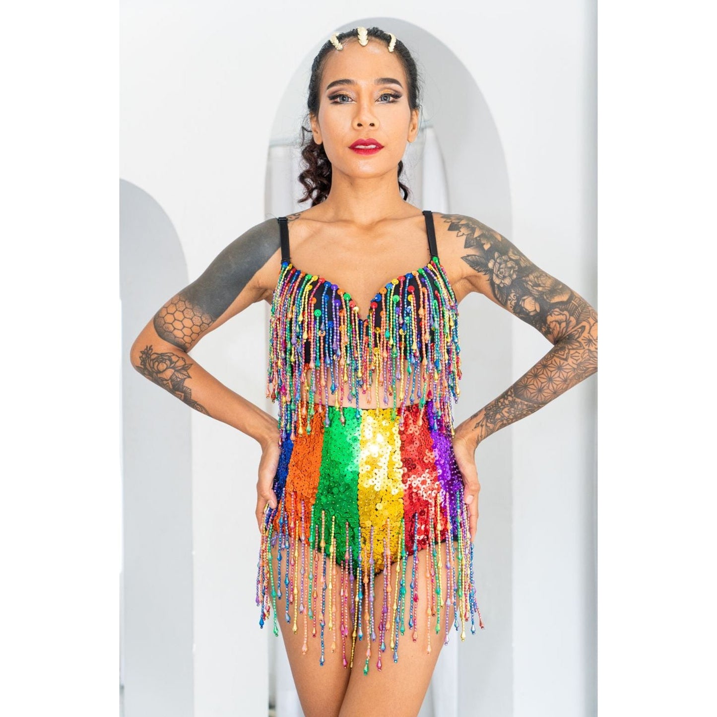 Rainbow Cheeky High Waist Sequin Shorts