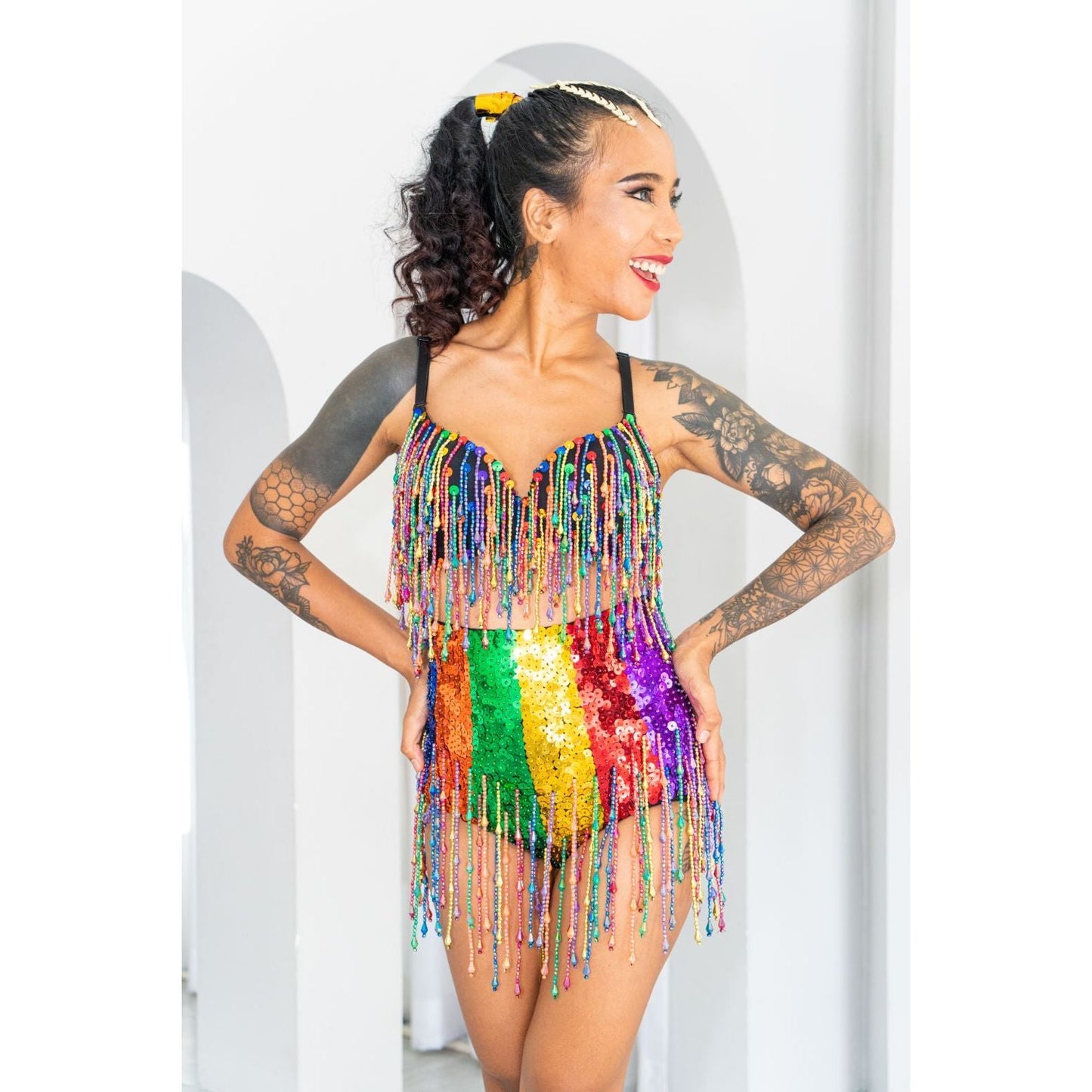 Rainbow Cheeky High Waist Sequin Shorts