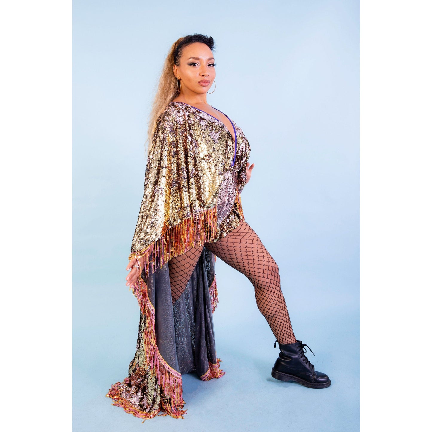 Sequin Playsuit Cape in Champagne Pink