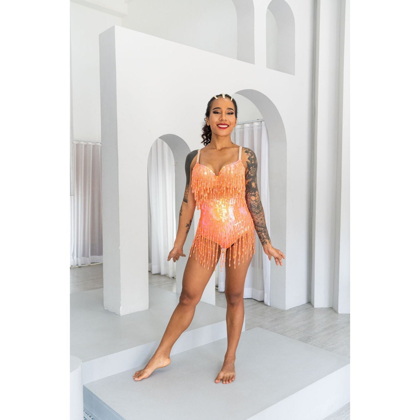 Sunset Orange Cheeky High Waist Sequin Shorts