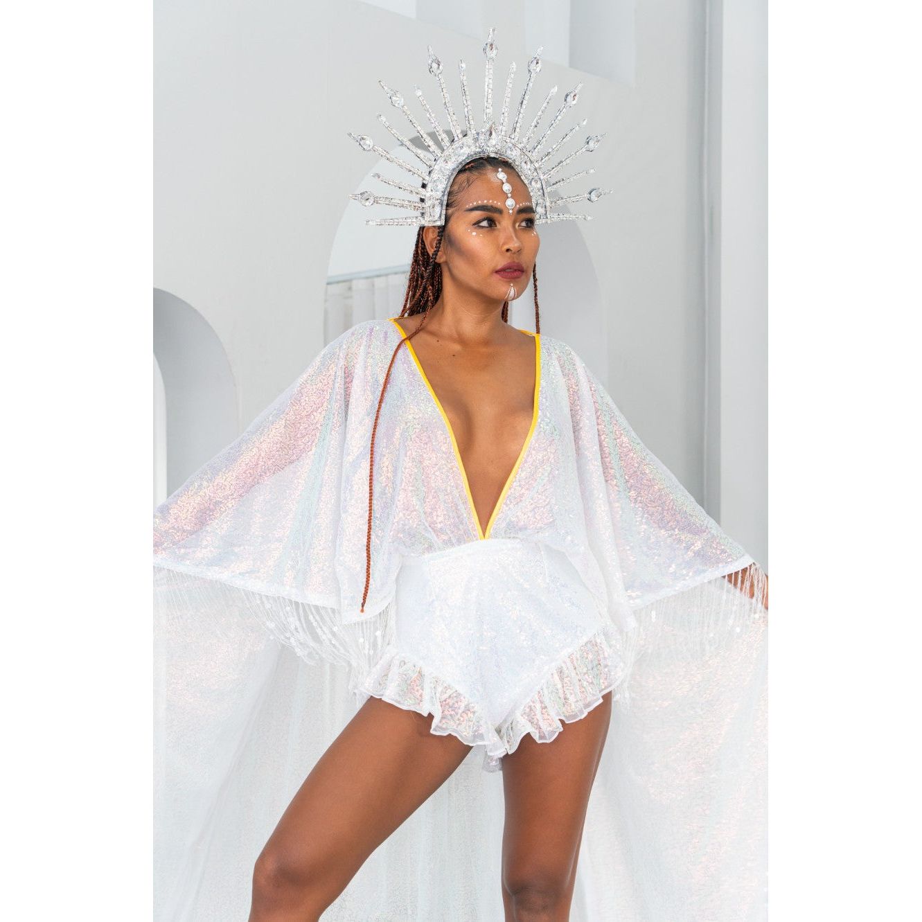 Floaty White Sequin Playsuit Cape