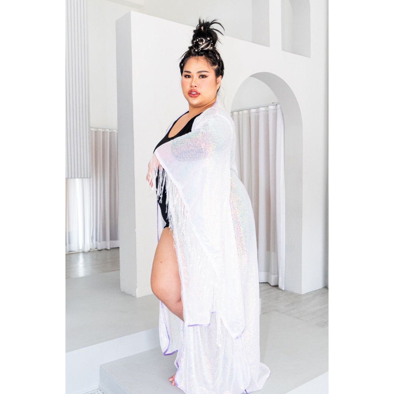 Long Sequin Kimono in Bright White