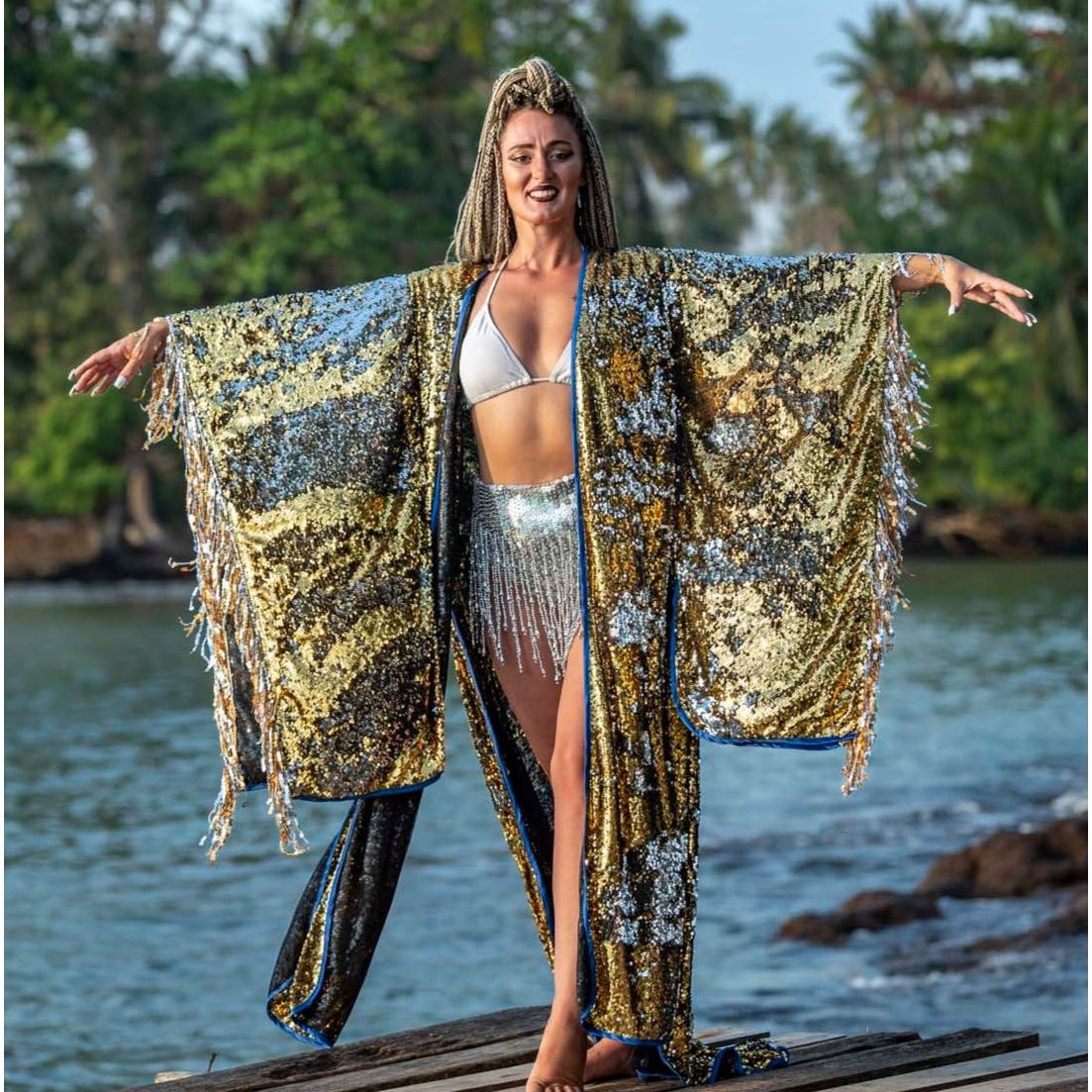 Long Sequin Kimono in Gold and Silver