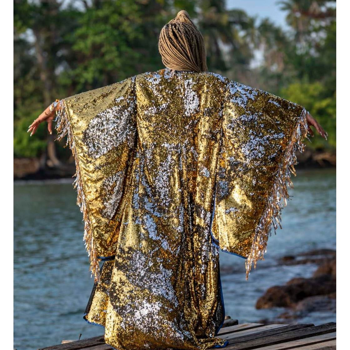 Long Sequin Kimono in Gold and Silver