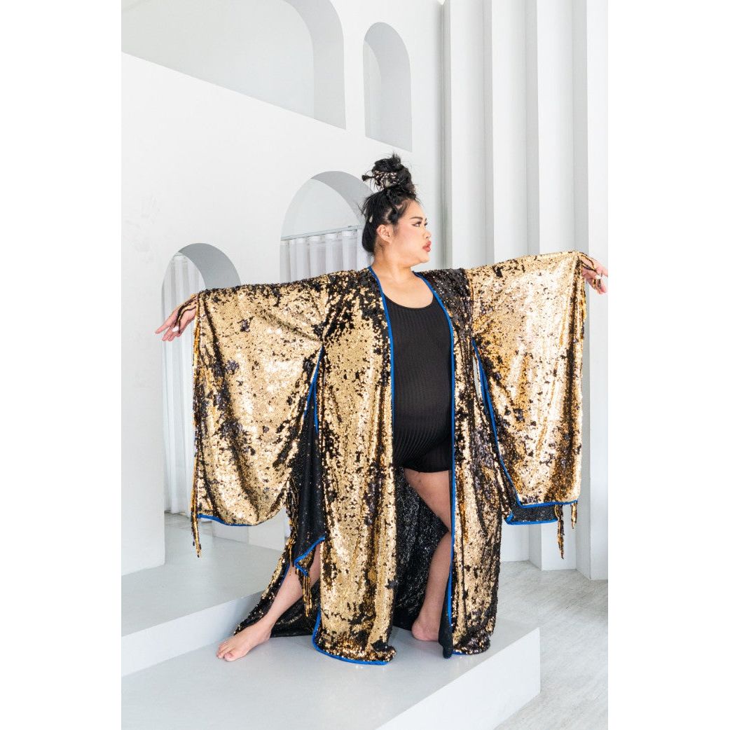 Long Sequin Kimono in Midnight Gold