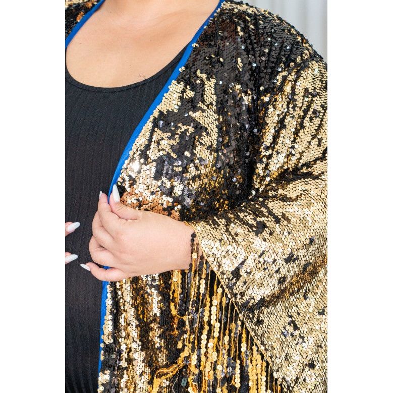 Long Sequin Kimono in Midnight Gold