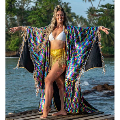 Long Sequin Kimono in Rainbow Shimmer
