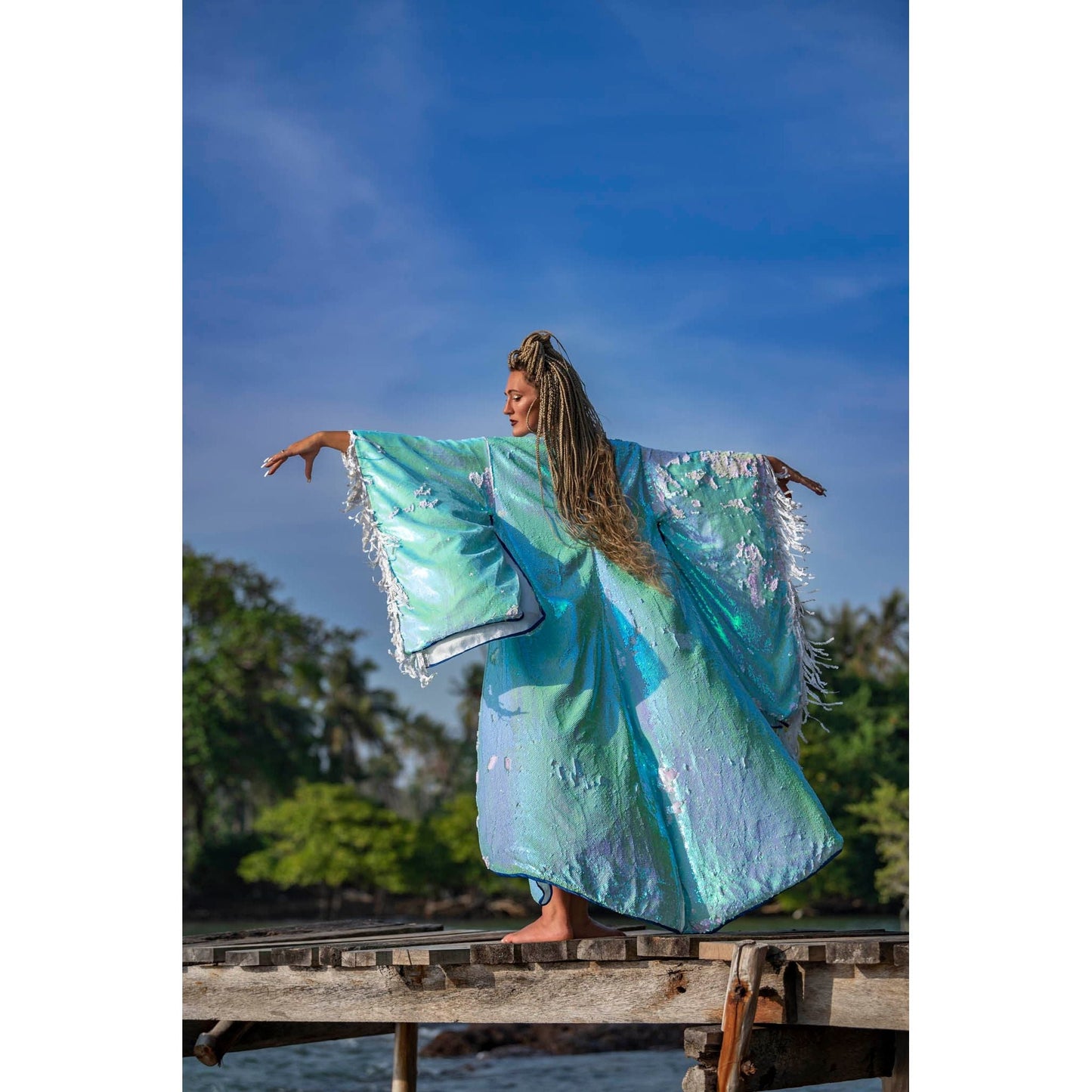 Long Sequin Kimono in Sea Breezy Blue