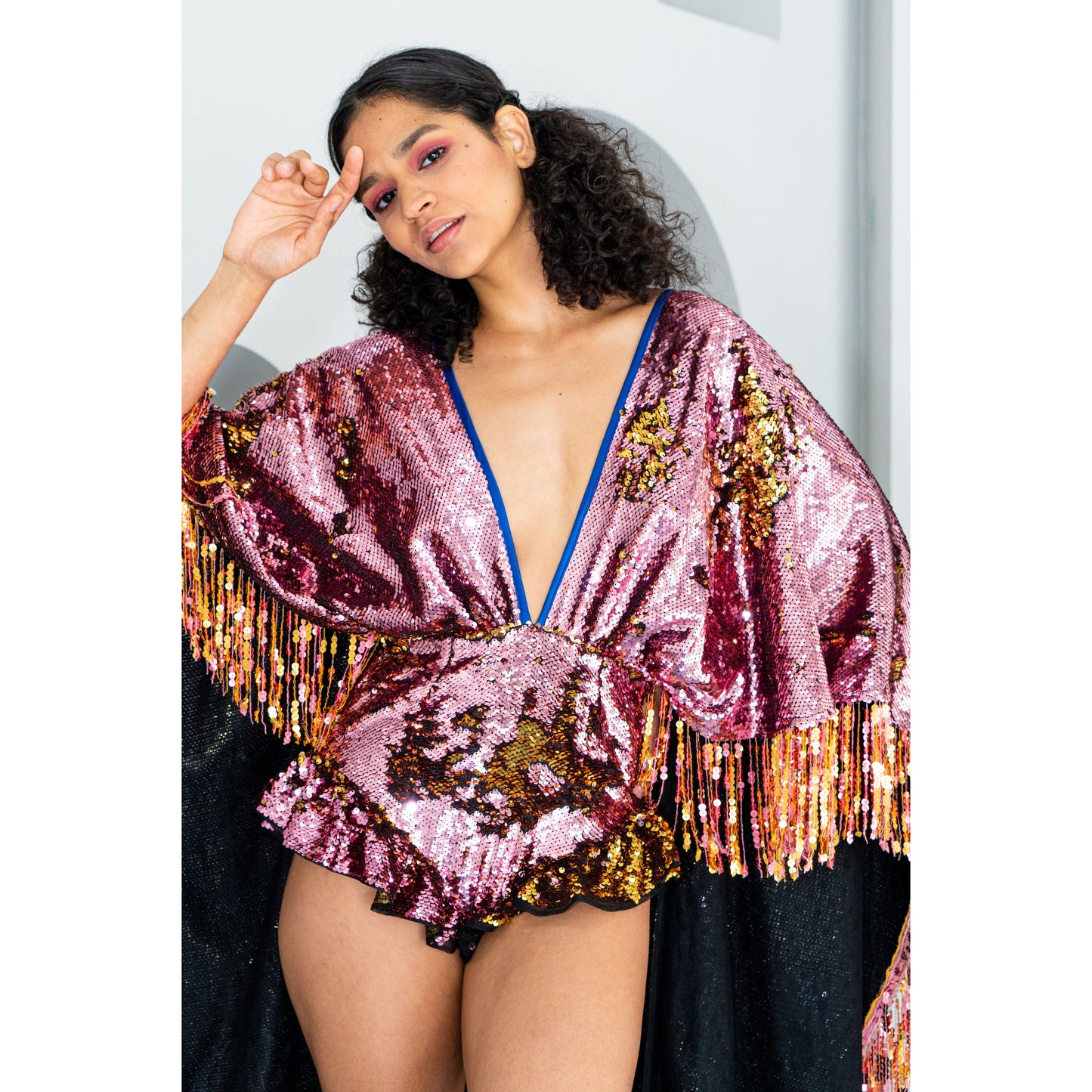 Pink Champagne Sequin Playsuit Cape