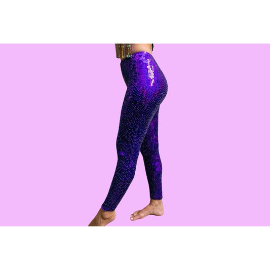 2022 Women's Leggings Elasticity Tight Sequin Faux Leather Stitching Color  Changing Sequined Feet Pants Shining Chic