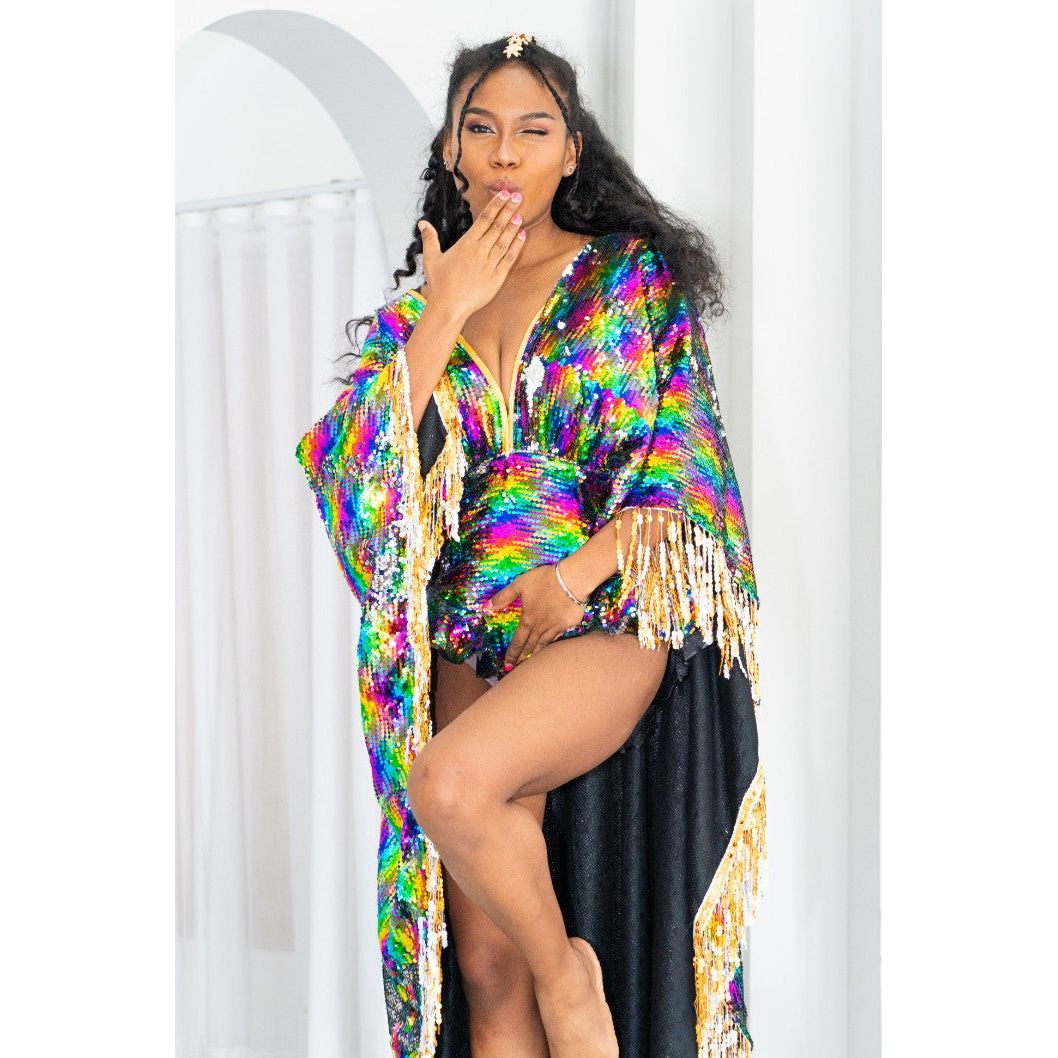Rainbow Shimmer Sequin Playsuit Cape