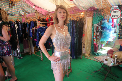 cusomter wearing silver sequin bra and shorts set